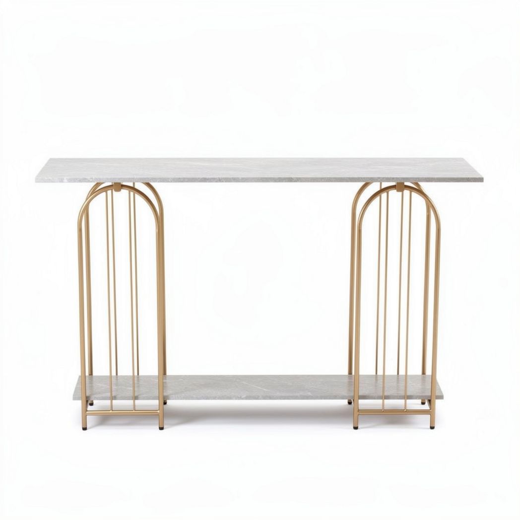 Marble top console table with gold metal frame and lower shelf 120 x 40 x 75cm