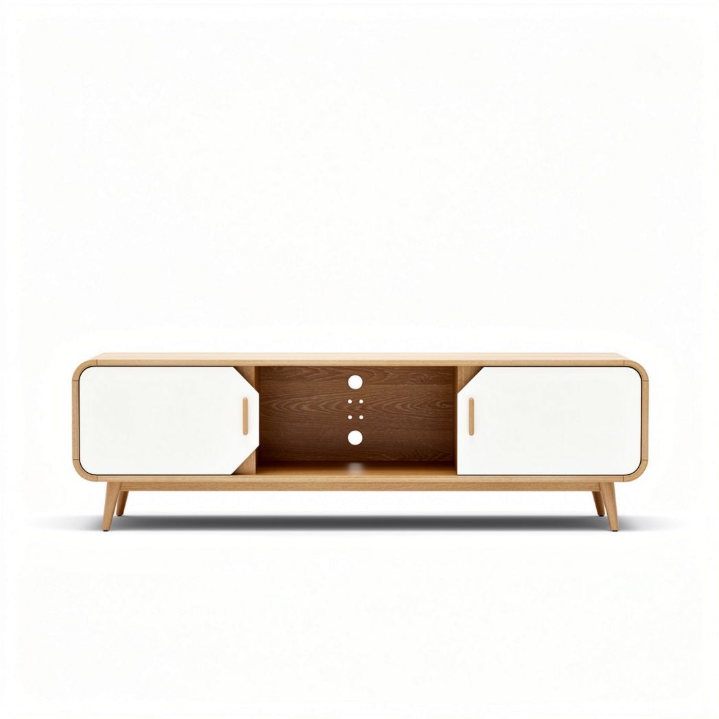 Wooden TV stand with white doors and open storage 150 x 40 x 45cm