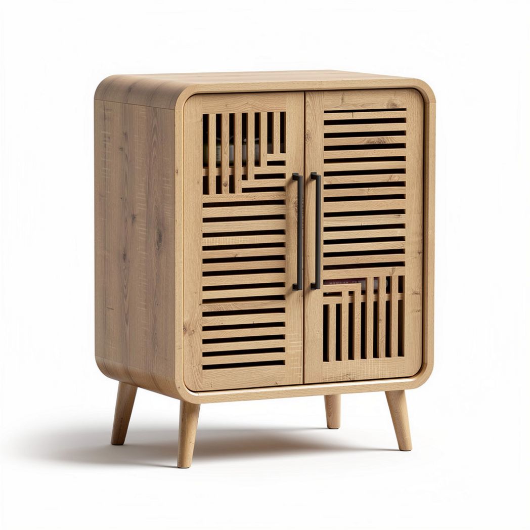 Wooden storage cabinet with slatted doors and tapered legs 70 x 40 x 90cm