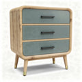 Three-drawer nightstand in wood and teal with mid-century modern design