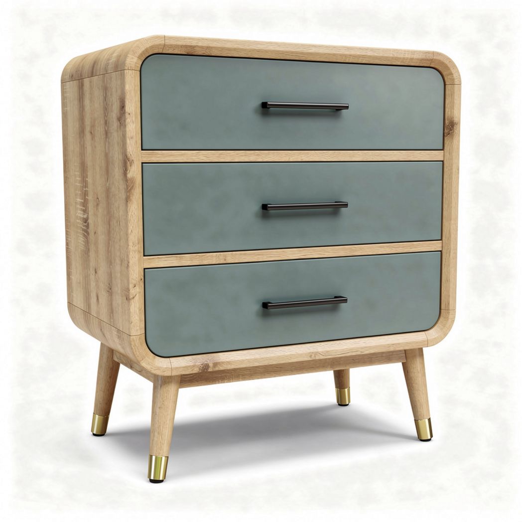 Three-drawer nightstand in wood and teal with mid-century modern design