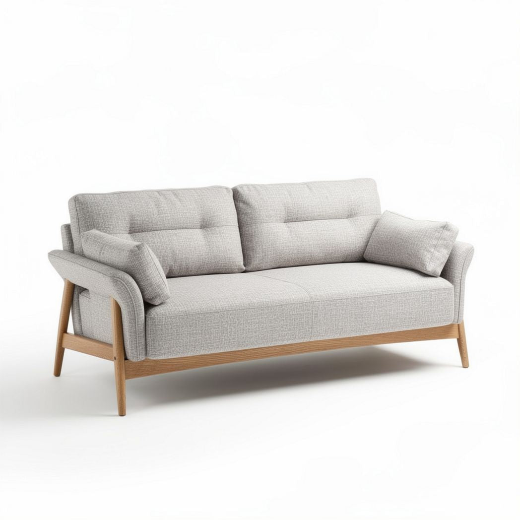 Fabric sofa with wooden legs and removable cushions in light gray 200 x 90 x 85cm