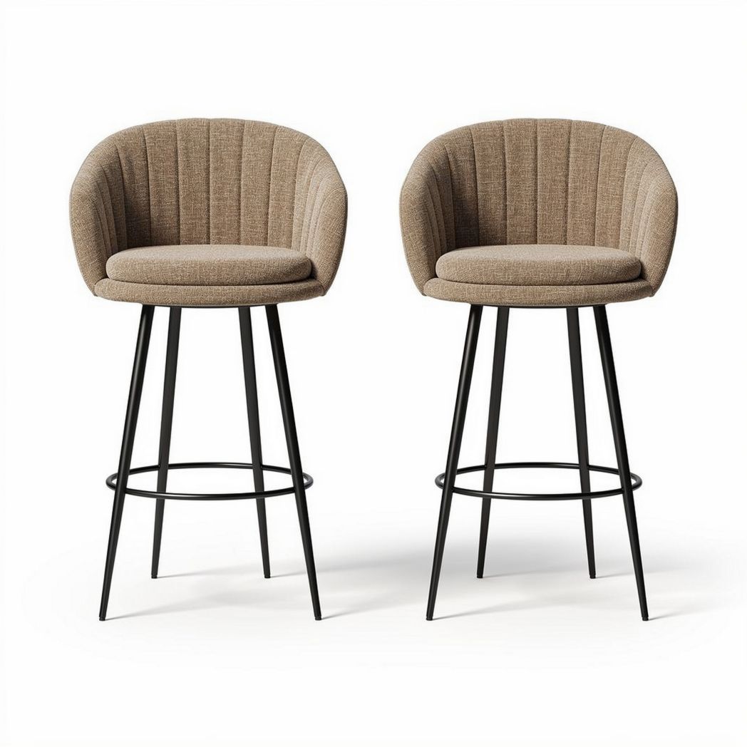 Bar stool set with fabric upholstered seat and metal legs in beige color