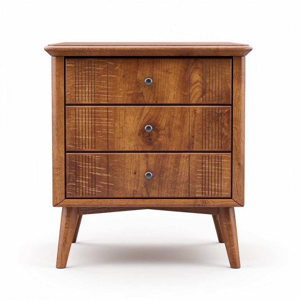 Wooden nightstand with three drawers and tapered legs in natural finish