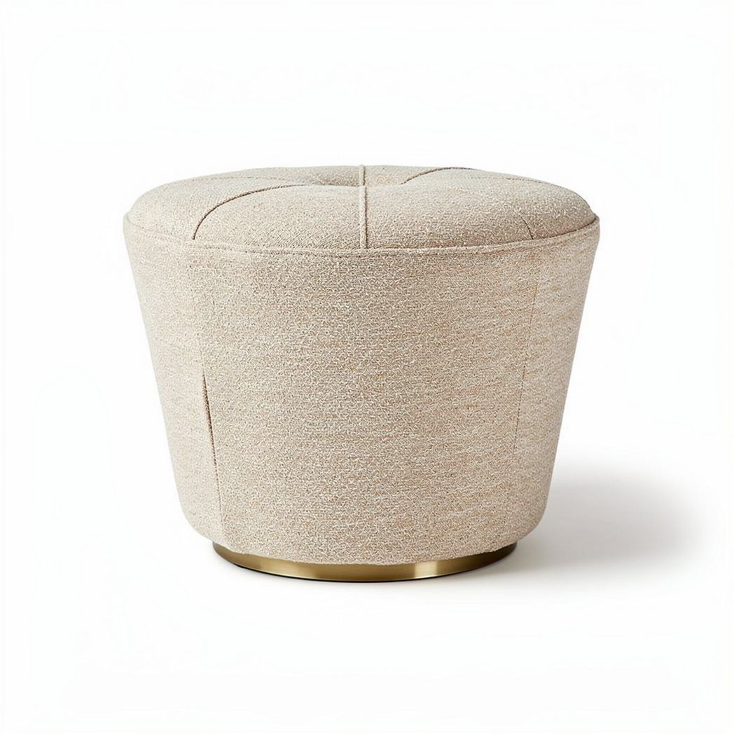 Upholstered round ottoman in beige fabric with gold base 45 x 45 x 40cm