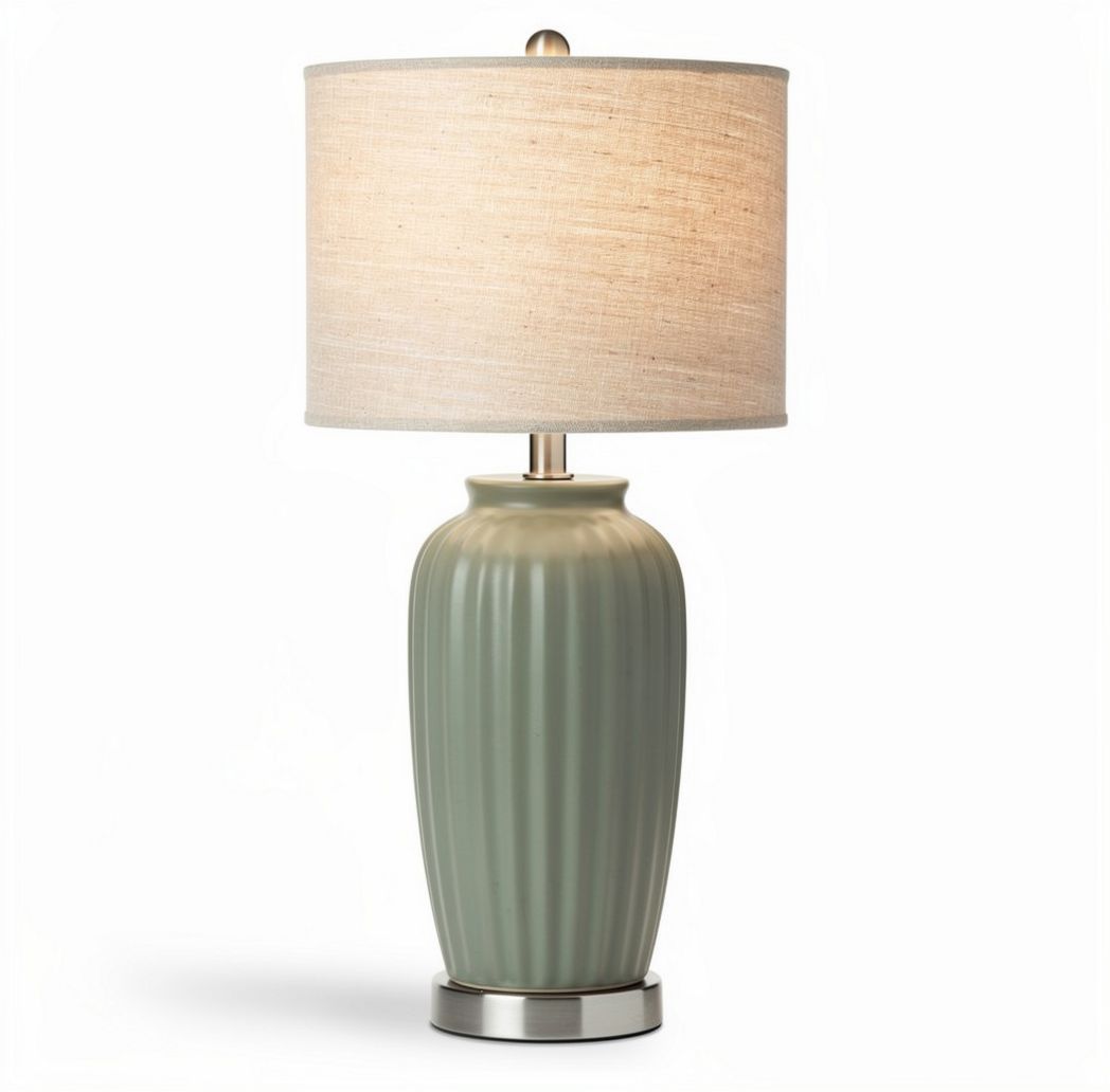 Ceramic table lamp with linen shade and ribbed design in green 30 x 30 x 65cm