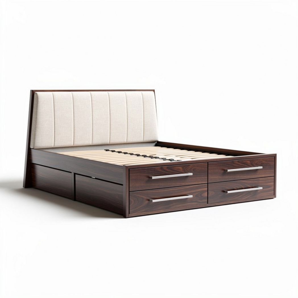 Wooden platform bed frame with upholstered headboard and storage drawers 200 x 160 x 100cm