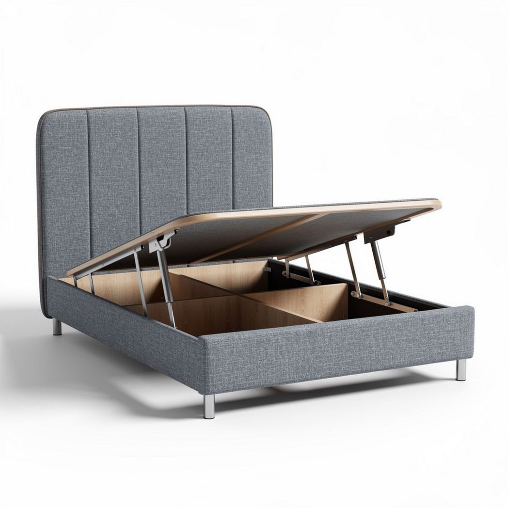 Upholstered storage bed frame with grey fabric and wooden base 200 x 160 x 40cm
